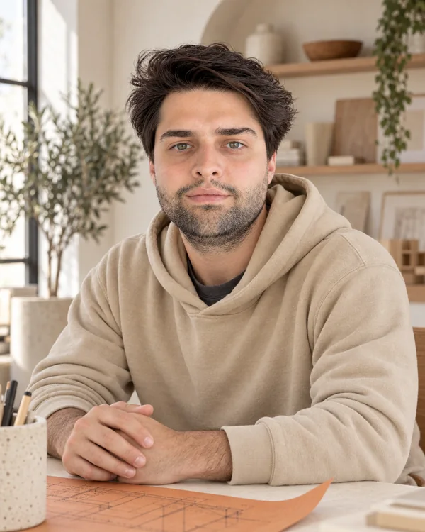 Retrato de Paul de Lavallaz en el estudio, con un plano naranja sobre la mesa